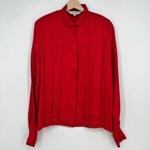Vtg 90s Nordstrom Jacquard Silk Blouse Top Womens 14 Red Pleated Button Up READ